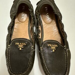 Prada Dark Green Olive Leather Flats